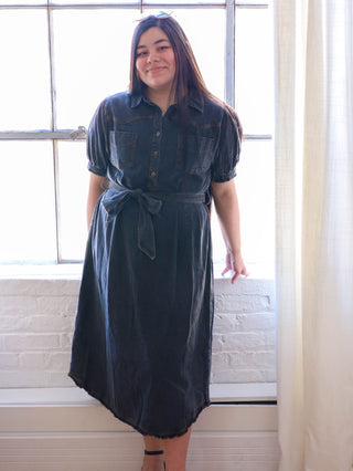 Black Denim Button Down Midi Dress