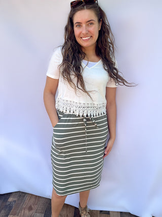 Olive Striped Midi Skirt