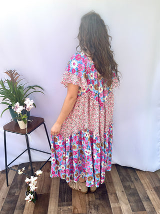 Floral Dreams Pink and Blue Ruffle Midi Dress