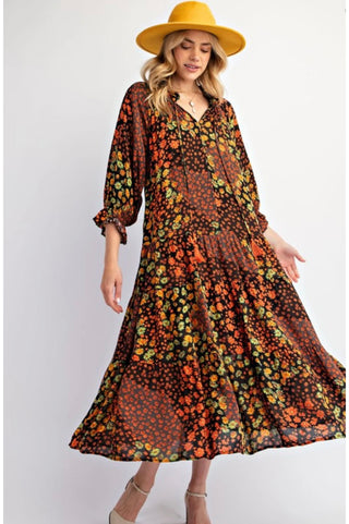 Orange and Black Fun Floral Maxi Dress