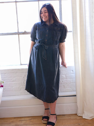 Black Denim Button Down Midi Dress