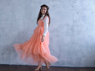 Whimsical Apricot Tulle Peach Maxi Dress