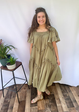 Sage Gray Ruffle Midi Dress