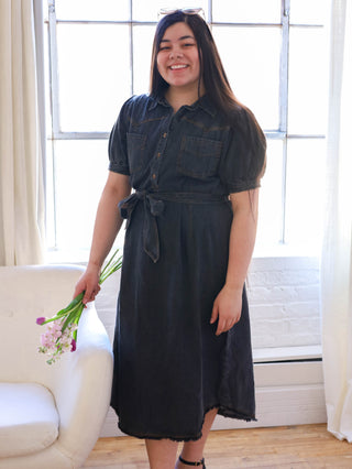 Black Denim Button Down Midi Dress