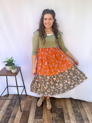 Happy Day Orange and Sage Floral Midi Dress