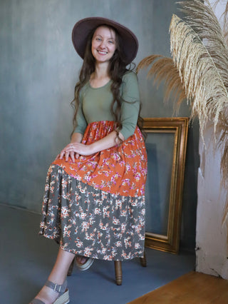 Happy Day Orange and Sage Floral Midi Dress