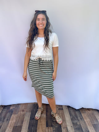 Olive Striped Midi Skirt