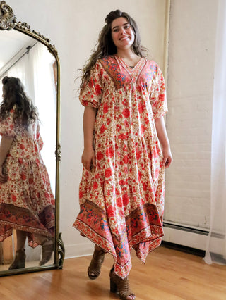 Wild Rose Garden Maxi Dress with Asymmetrical Hemline