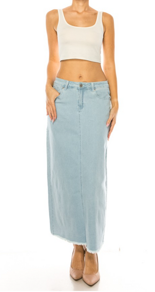 The Destiny Light Wash Maxi Denim Skirt