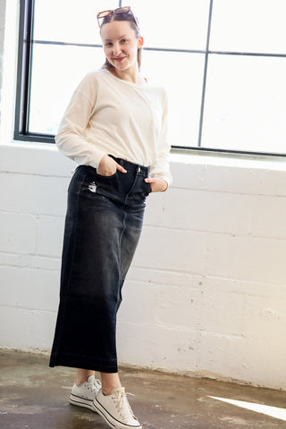 The Ella Dark Denim Distressed Maxi Skirt