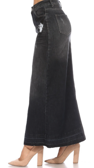 The Ella Dark Denim Distressed Maxi Skirt