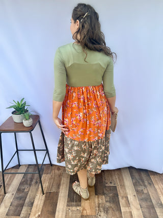 Happy Day Orange and Sage Floral Midi Dress