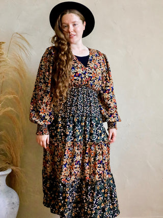 Autumn Fields Patchwork Floral Midi Plus Dress