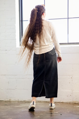 The Ella Dark Denim Distressed Maxi Skirt