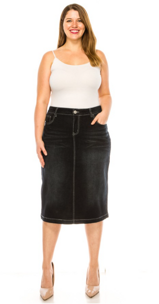 The Sally Dark Wash Plus Denim Skirt with Silver Stitching