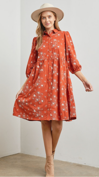 Rust Floral Button Midi Dress