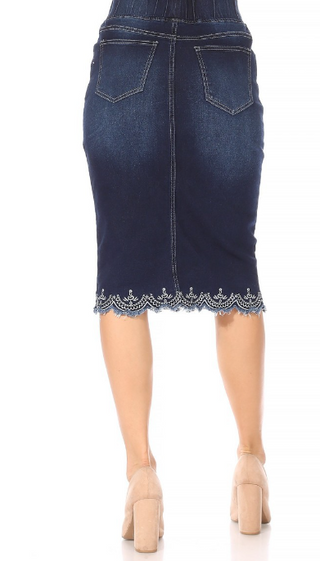 Dark Wash Vintage Embroidered Denim Skirt with Elastic Waist