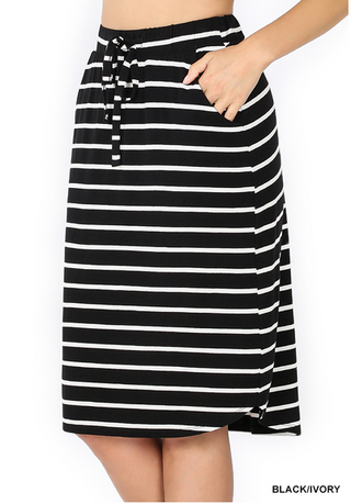 Black and White Striped Midi Skirt