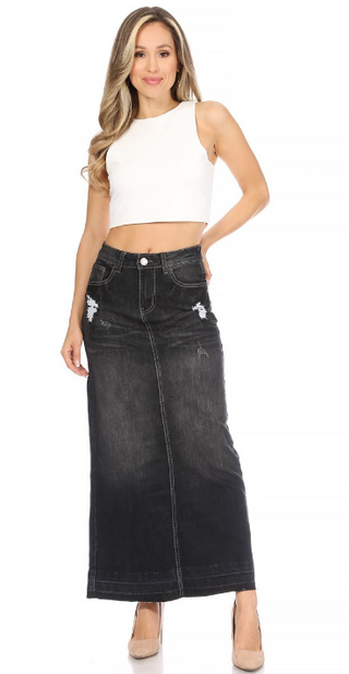 The Ella Dark Denim Distressed Maxi Skirt