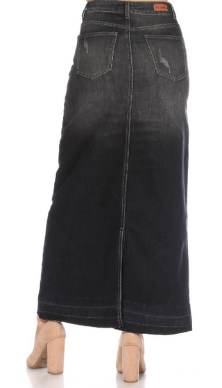 The Ella Dark Denim Distressed Maxi Skirt