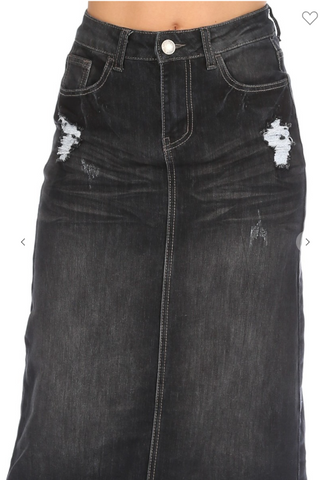 The Ella Dark Denim Distressed Maxi Skirt