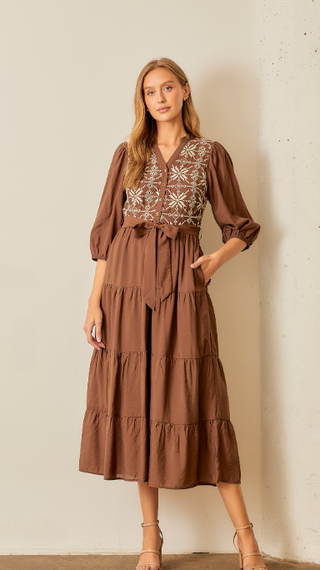 Fall is Here Brown Embroidered Midi Plus Dress