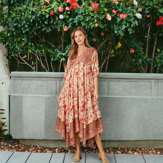 Wild Rose Garden Maxi Dress with Asymmetrical Hemline