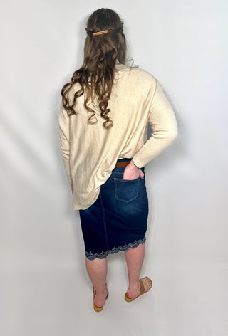 Dark Wash Vintage Embroidered Denim Skirt with Elastic Waist