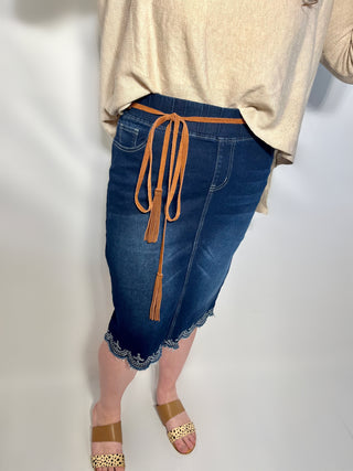 Dark Wash Vintage Embroidered Denim Skirt with Elastic Waist