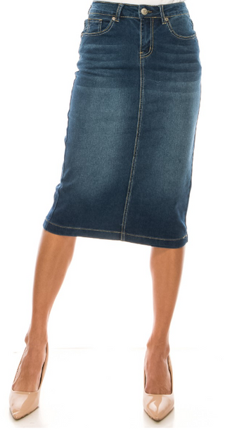 The Ashley Indigo Wash Denim Skirt with Pocket Detail