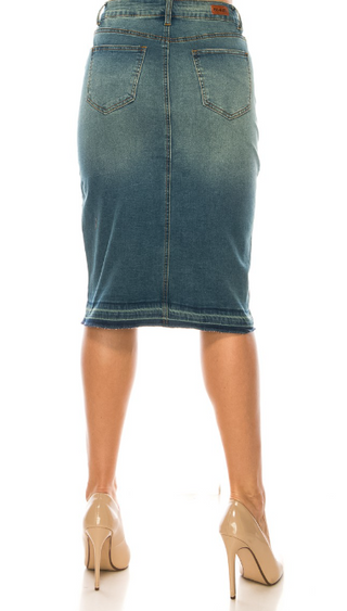 The Sarah Medium Wash Double Button Midi Denim Skirt