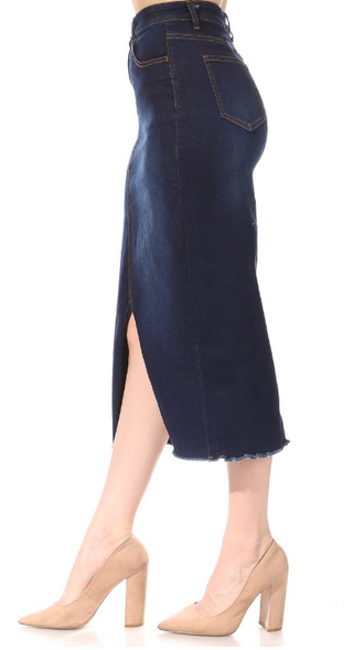 The Savannah Front Slit Midi Denim Skirt