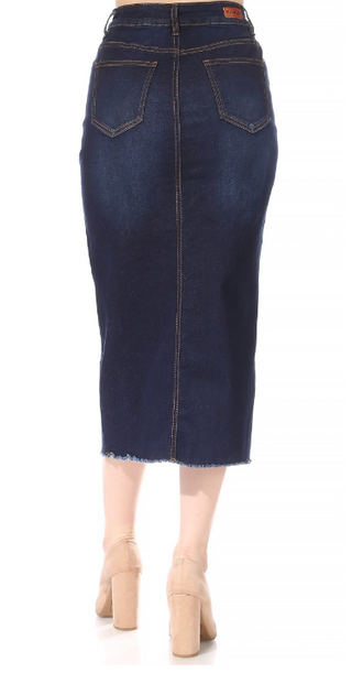 The Savannah Front Slit Midi Denim Skirt