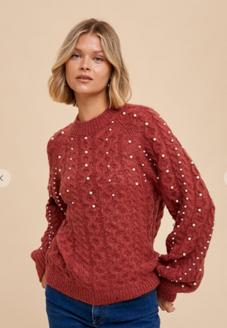 Burnt Sienna Pearl Detail Cable Knit Sweater