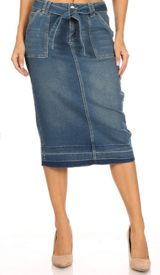 The Stacy Bow Tie Belted Denim Midi Skirt