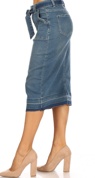 The Stacy Bow Tie Belted Denim Midi Skirt