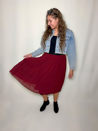 burgundy pleated chiffon skirt