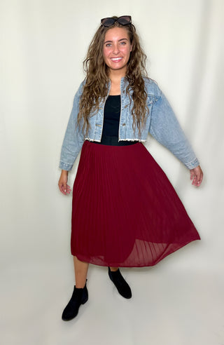 Burgundy High Waisted Pleated Midi Skirt