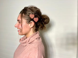 Sparkle Pink heart shaped handmade wood hair clips